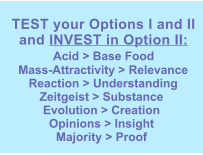 TEST your Options I and II  and INVEST in Option II:  Acid > Base Food Mass-Attractivity > Relevance Reaction > Understanding Zeitgeist > Substance Evolution > Creation Opinions > InsightMajority > Proof  