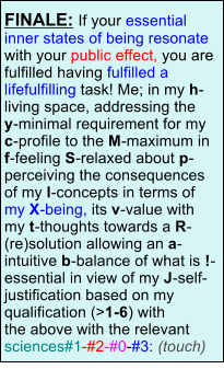 FINALE: If your essential inner states of being resonate with your public effect, you are fulfilled having fulfilled a lifefulfilling task! Me; in my h-living space, addressing they-minimal requirement for my c-profile to the M-maximum in f-feeling S-relaxed about p-perceiving the consequences of my I-concepts in terms of my X-being, its v-value withmy t-thoughts towards a R- (re)solution allowing an a-intuitive b-balance of what is !-essential in view of my J-self-justification based on my qualification (>1-6) withthe above with the relevant sciences#1-#2-#0-#3: (touch)